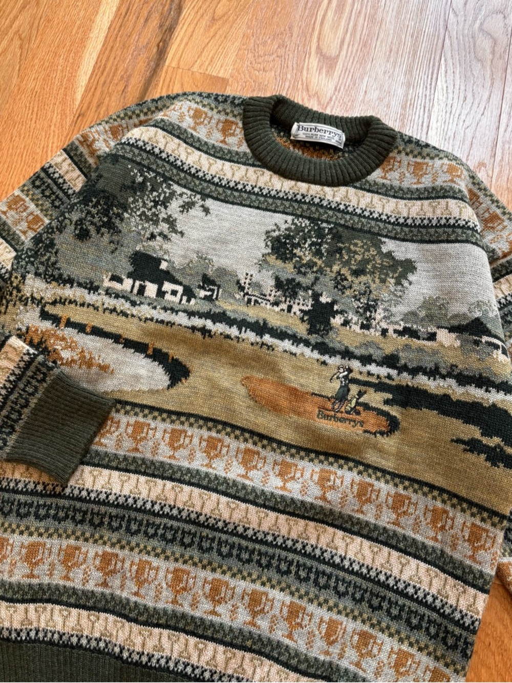 Burberry Vintage 80s 90s Golf Logo Knit Wool Sweater Made in England 40 Medium